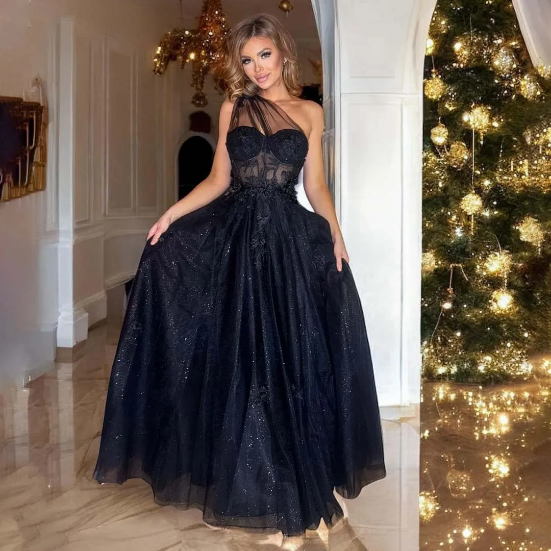 

Black Tulle Elegant Evening Dresses One-Shoulder Sweetheart Glitter Appliques 3D Flower Women's vestidos de gala Christmas Dress