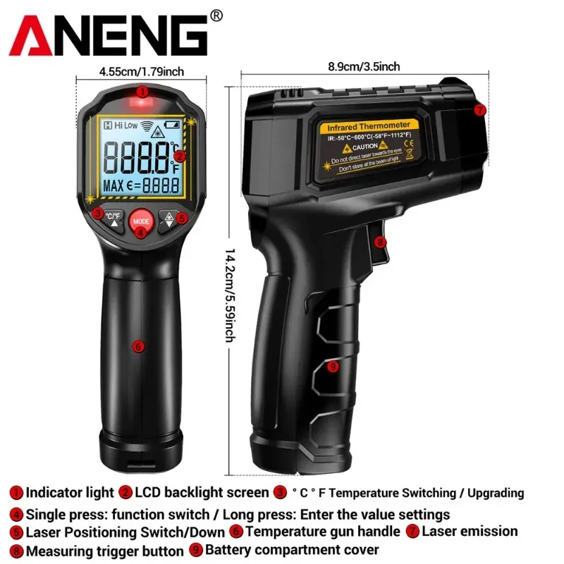 

ANENG TH202 Industrial Handheld Thermometers Car Test Non Contact IR Laser Heat Temperature Gun Point HD Screen for Cooking Tool