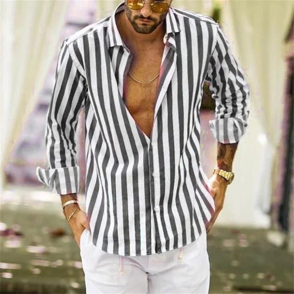 Camisa estampada listrada de manga comprida masculina, material macio e confortável, cor sólida, top de moda clássico havaiano, novo, 2023