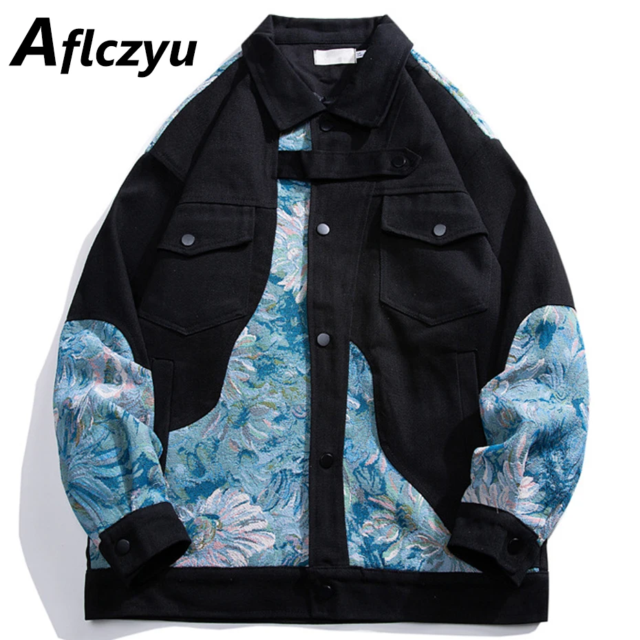 Flower Embroidered Jacket Men Fashion Casual Patchwork Jackets Cargo Coats Male Embroidery Coat