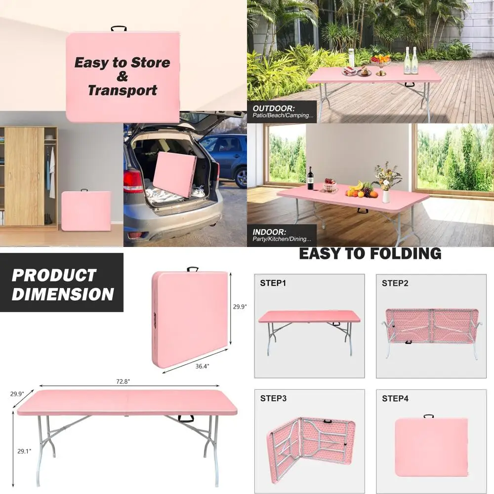 

6FT Portable Folding Plastic Picnic Table - Heavy Duty, Half Fold for Outdoors, Parties, Kitchen (Pink)