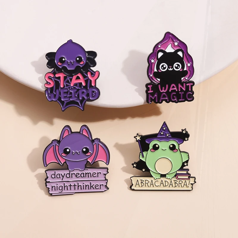 Bat Stay Weird Pin Lapel Badges Halloween Animal Jewelry Gift for Kids Friends I Want Magic Enamel Brooch Custom Frog Wizard