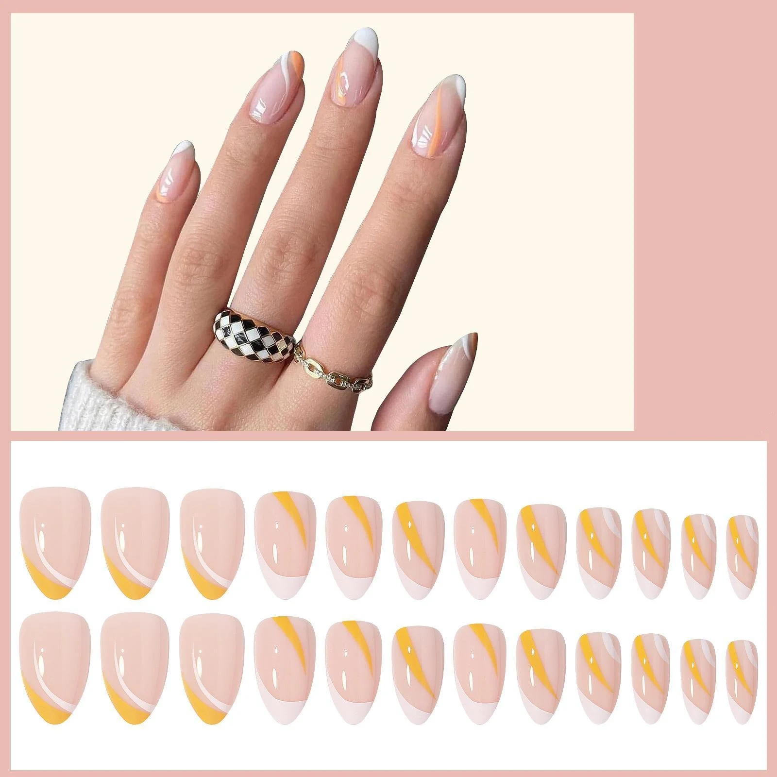 

24Pcs French tip nails short medium almond press on nails orange striped artificial nails