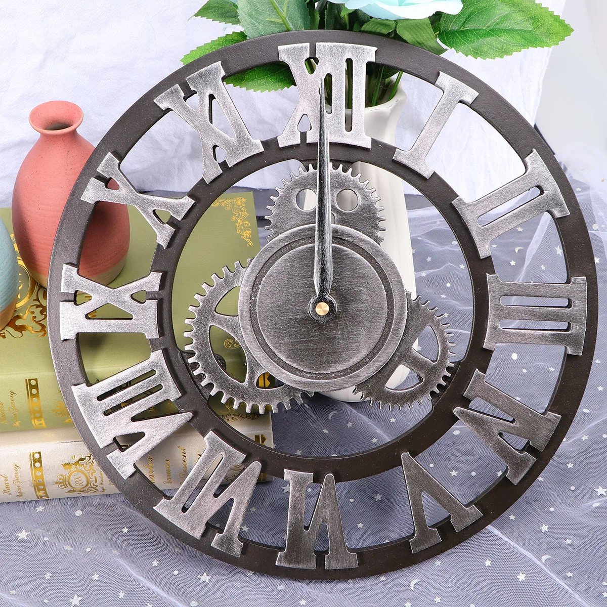 

Industrial Gear Wall Clock 40Cm Silver Decorative Hanging Clock Creative Retro Design Metal Easy Install For Bedroom
