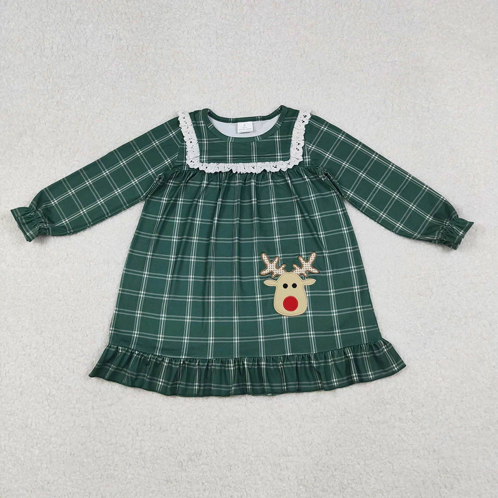 

Sibling Baby Girls Green Checkered Christmas Knee-Length Nightgown Embroidery Deer Design Kids Plaid Christmas Dress for Girls