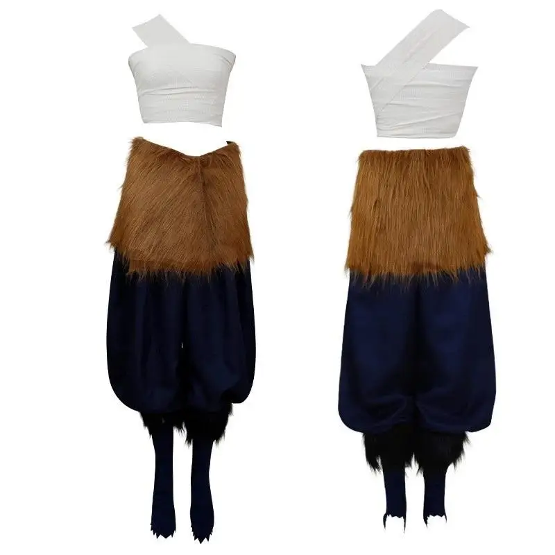 Women Halloween Costume Hashibira Inosuke Cosplay Outfit, Full Set with Boar Head Mask, Bandage Pants and Wig view 3