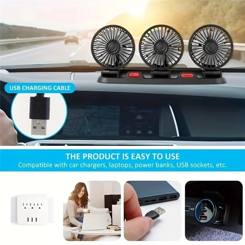 مروحة متينة مثبتة على السيارة بثلاثة رؤوس ومروحة ثلاثية الرؤوس 360 درجة °   قابل للتعديل 3 رئيس USB 3 سرعات قابل للتعديل Forcar تبريد مروحة قوية