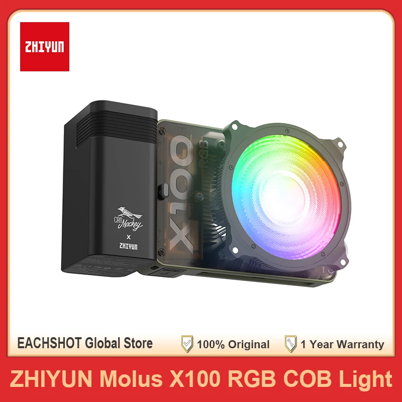 

ZHIYUN Molus X100 RGB COB Light Профессиональный светильник для фотосъемки 2500K-10000K CRI≥95 TLCI≥97 Портативное освещение с непрерывным выходом