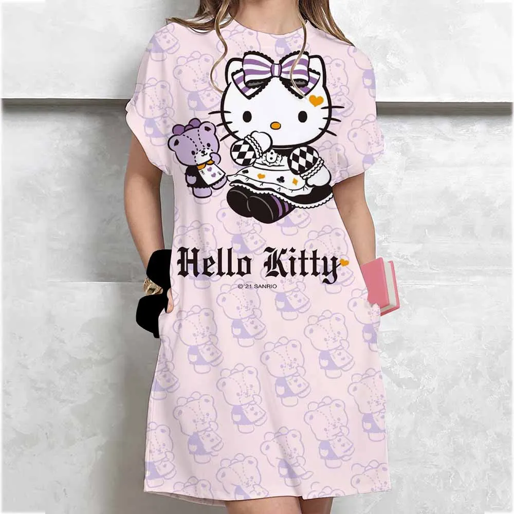 مرحبا كيتي طباعة فستان المرأة الكرتون قصيرة الأكمام س الرقبة تي شيرت فستان موضة لطيف النوم تنورة خلع الملابس الأساسية اليومية