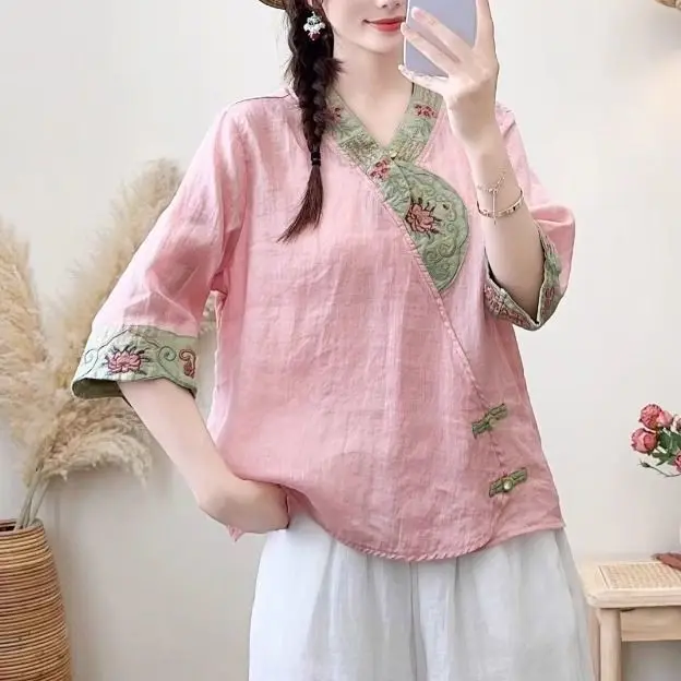 

Spring Summer Retro Chinese Style Cotton Linen V-neck Embroidered Five-point Sleeve Shirt Top Modern Clothes Women's Blouse Coat