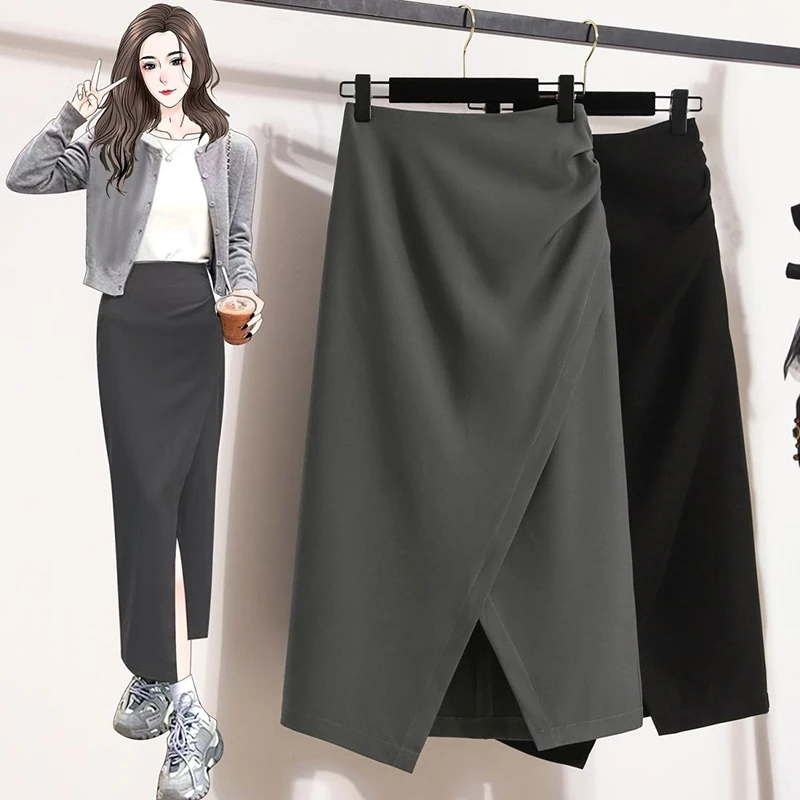 

Элегантная юбка-миди для офиса, женская, весна-осень, новая, приталенная, с асимметричным разрезом, А-силуэт, длинная юбка