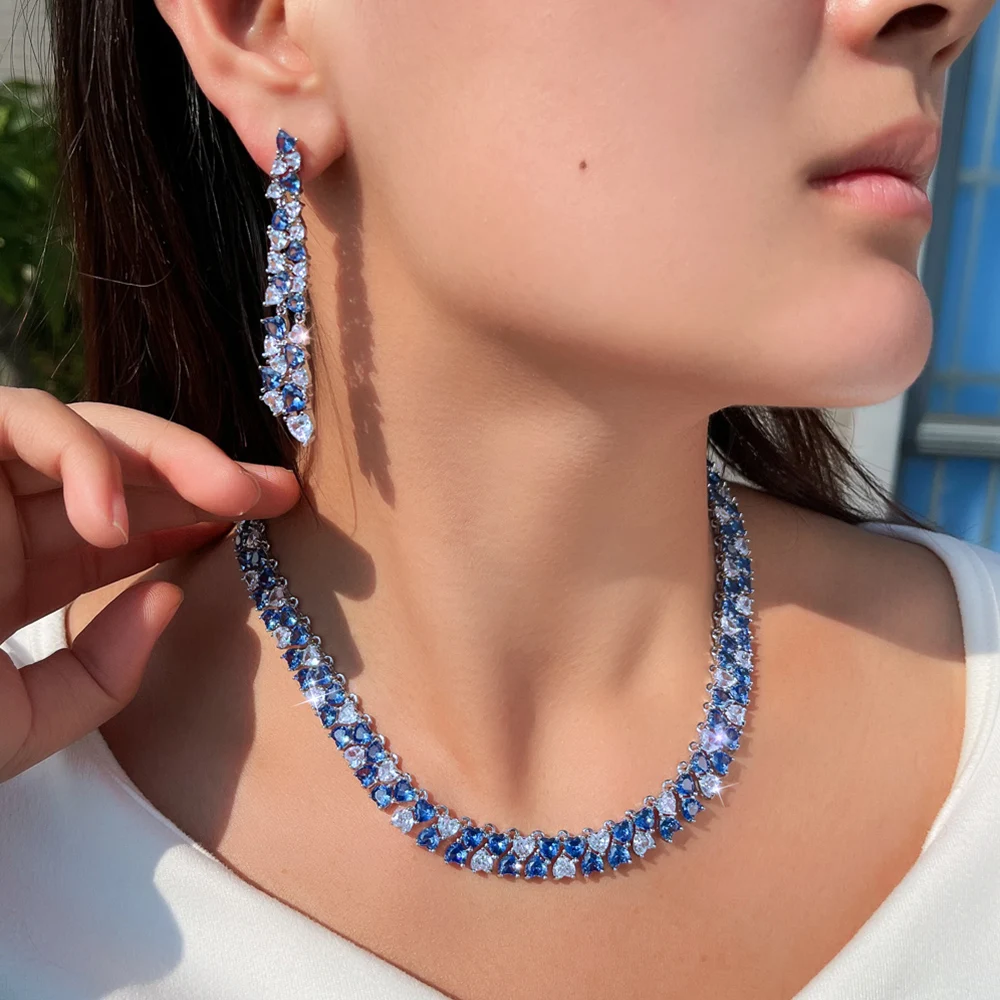 CWWZircons Luxuriöses Glänzendes Blaues CZ Herzförmiges Hochzeits-Bankett-Schmuckset mit Halskette und Ohrringen für Damen Großhandel T0972 – Detail 3