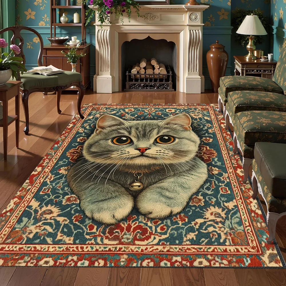 Visual 3D Carpet Cute Cat Printed Carpet Bohemian Style Border Door Mat Living Room Bedroom Decoration Rug
