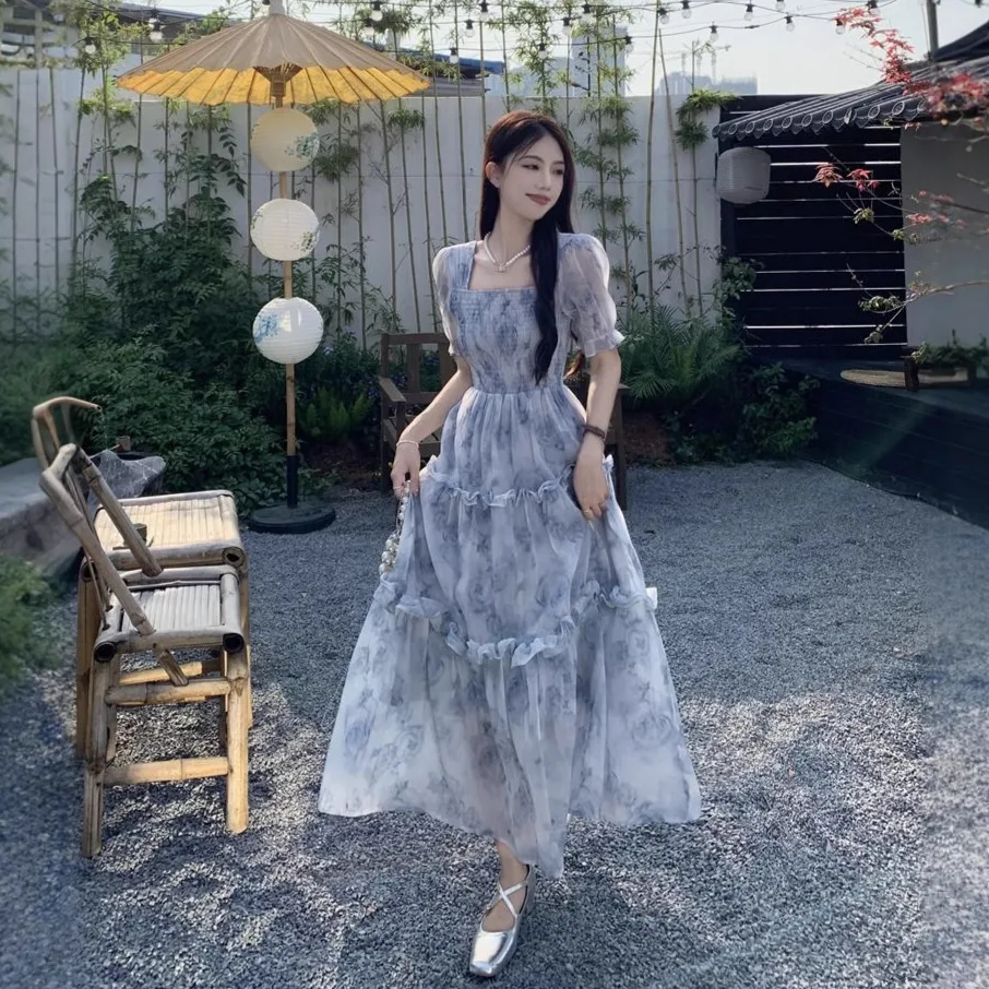 "Zeyla 2024 Letnia kwiecista sukienka w kształcie litery A - szyfonowa sukienka maxi z wysokim stanem Boho Kwiecista sukienka letnia na wakacje"