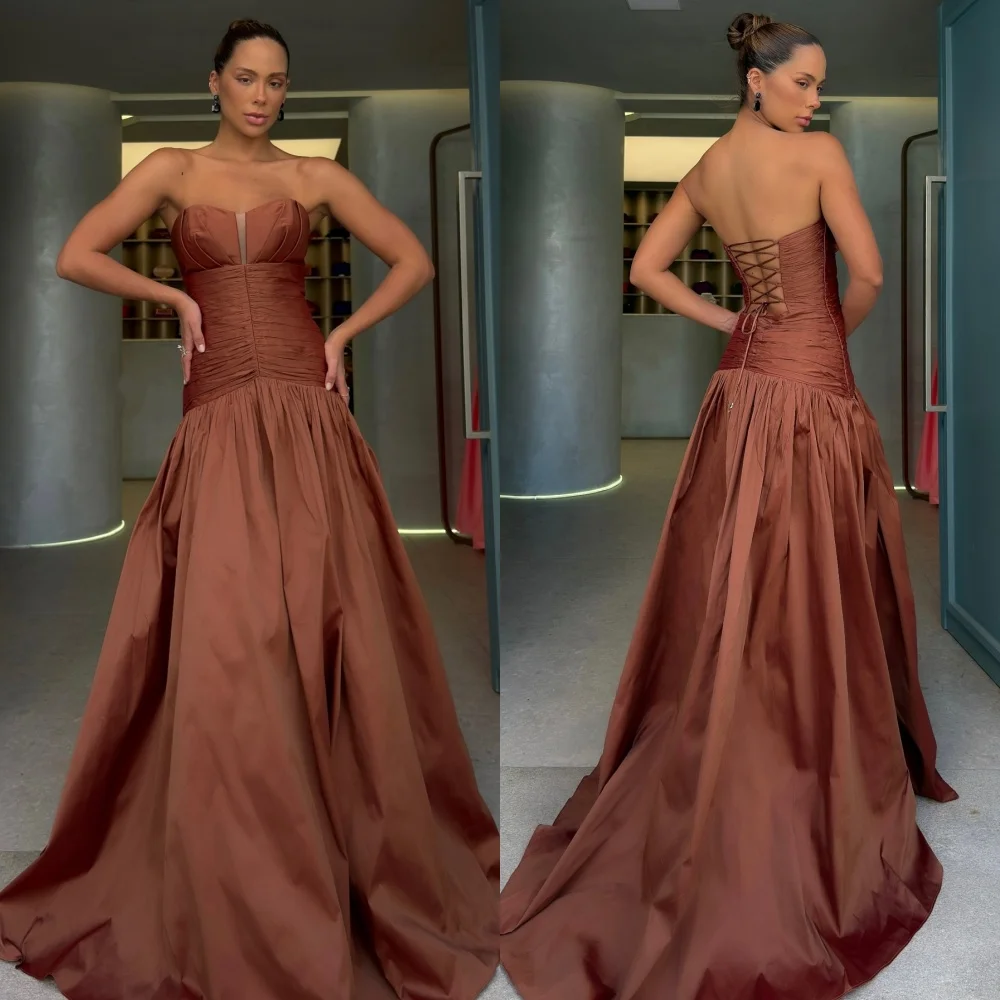 

Customized Modern Style Simple Jersey Pleat Ruched A-line Strapless Long Dresses Bespoke Occasion Dresses Sizes Available Retro