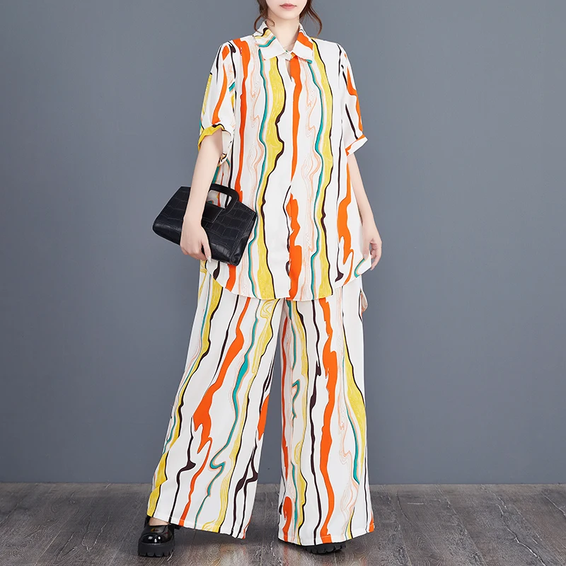 

SuperAen 2024 Summer Fashion Lapel Collar Contrast Print Loose Top Casual Wide Leg Pants Two Piece Set