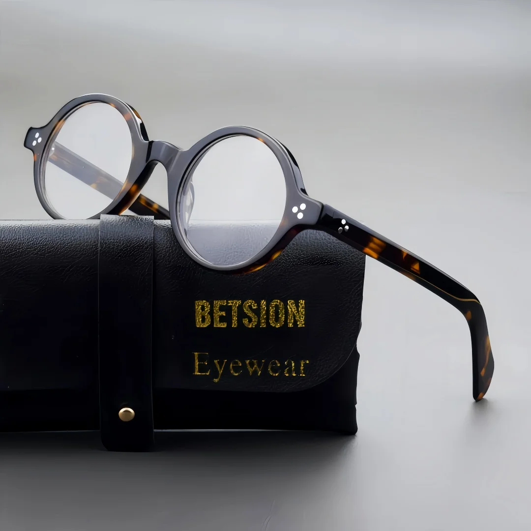 BETSION Vintage Retro Round Acetate Eyeglasses Frame Man Women 46mm Optical Eyeglasses For Prescription Lenses