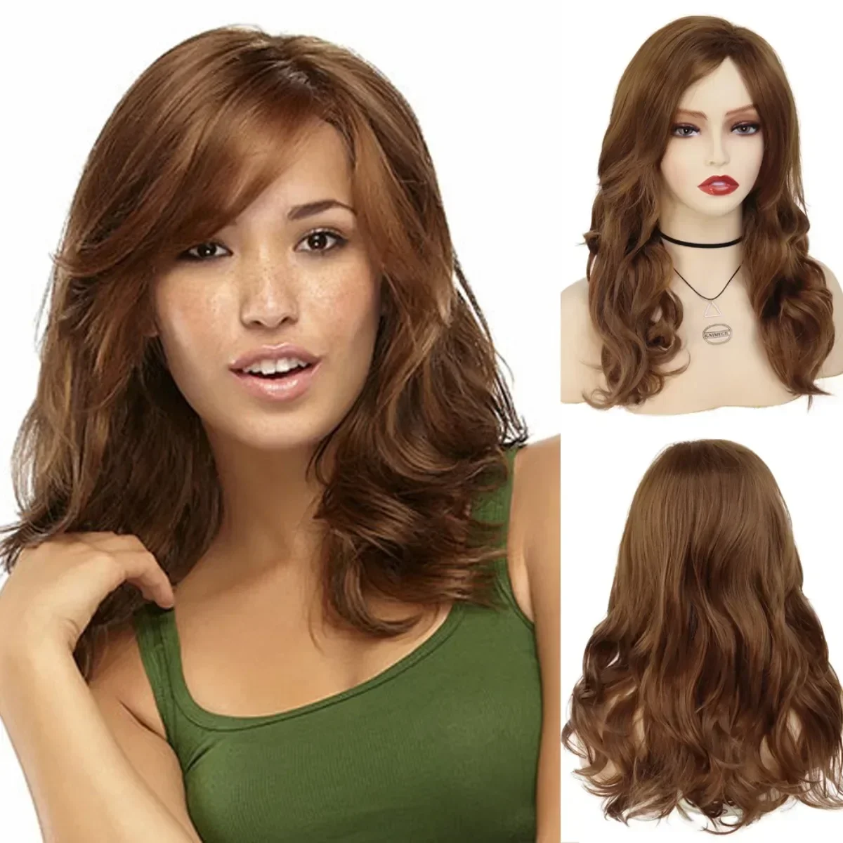 Synthetic Fiber Brown Curly Wigs for White Women Long Wavy Wig with Side Bangs Natural 19 Inches Clearance Sale Wig Long Wigs