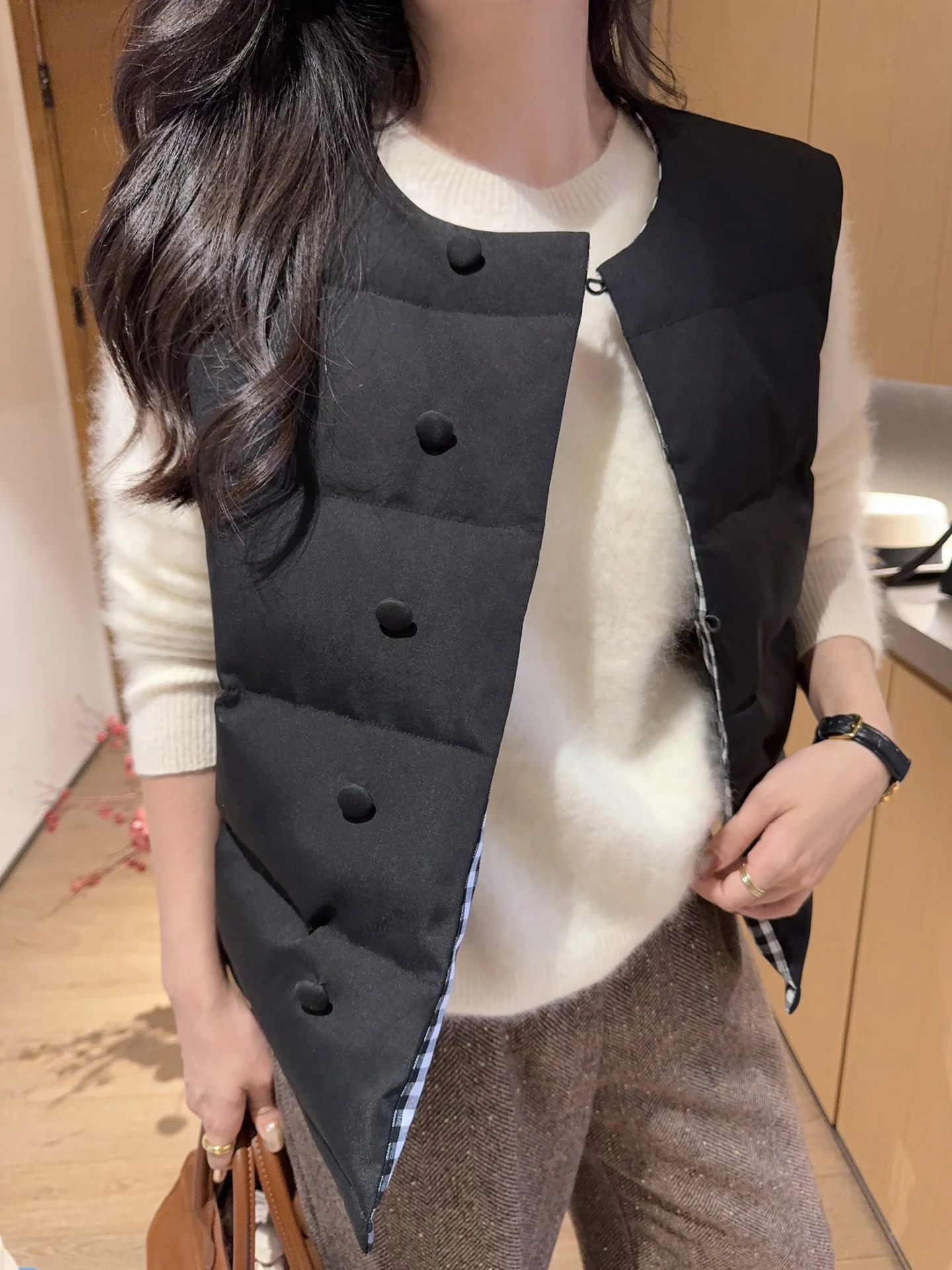 

Autumn Winter Double-Sided Wear Retro Plaid Goose down Vest Sleeveless Short Outerwear Women's Fashion Layering Clothing