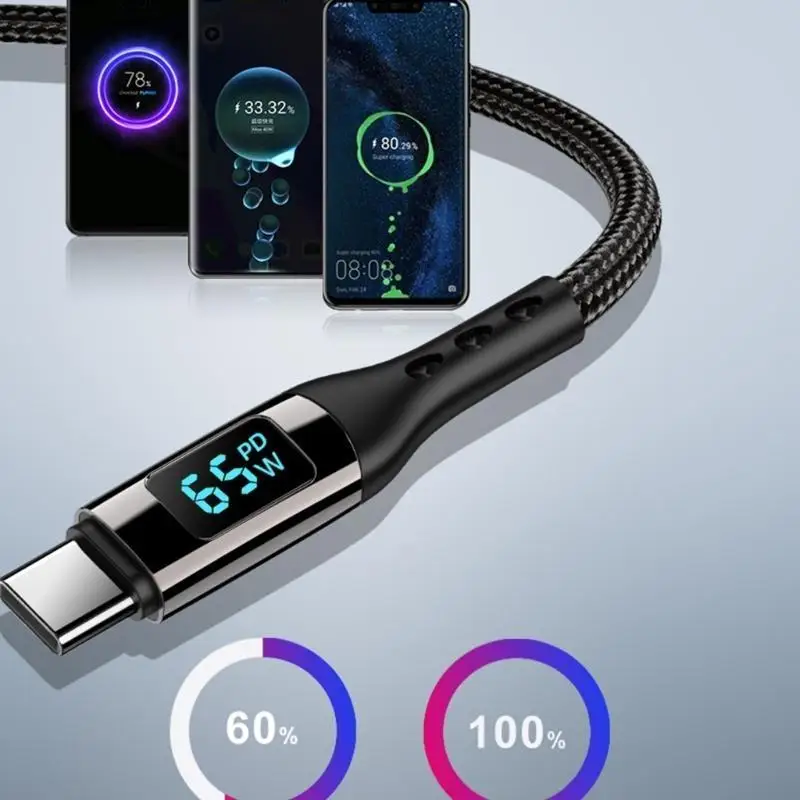 R53C USB to Type C LED Display 65W Charging Cord USB 480Mbps Data Sync Nylon Braided Charging Cable for Phone Cable