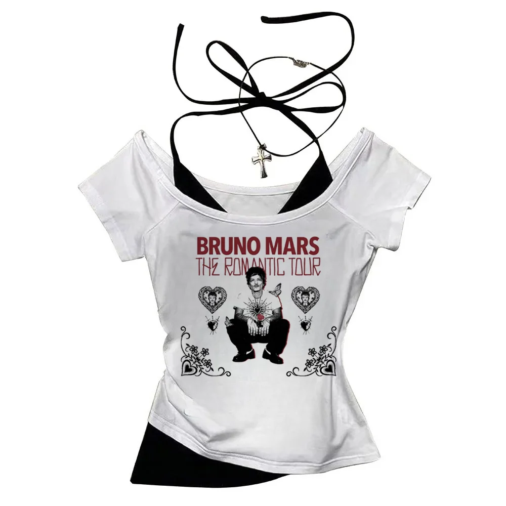 2026 Shirt  Bruno Mars The Romantic Tour Women Fake Two-piece O-Neck Short Sleeves Crop Tops T-shirt