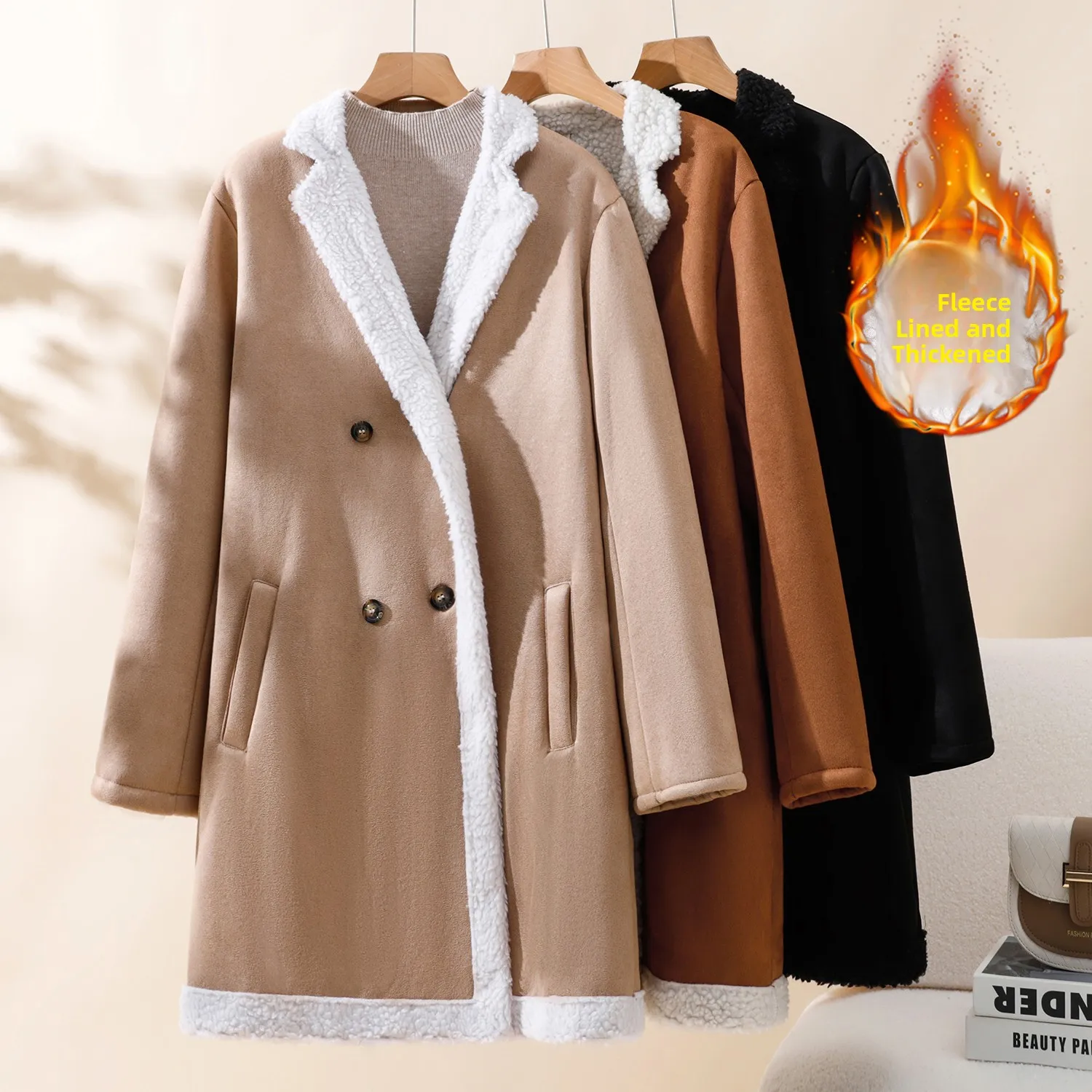 가을 겨울 신상 여성 스웨이드 벨벳 코트 패션 캐주얼 턴다운 칼라 중간 길이 따뜻한 울 외투