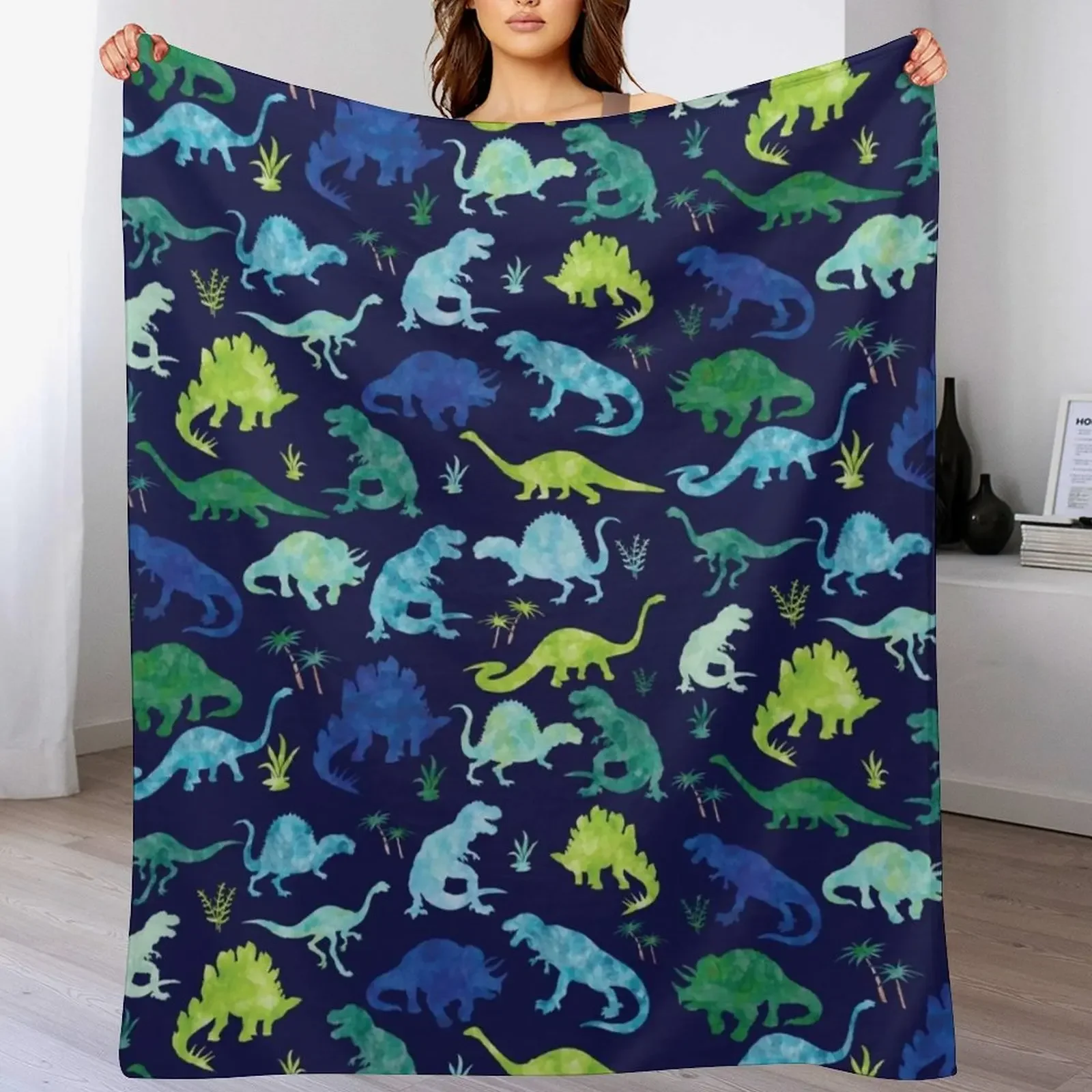 

Watercolor Dinosaur Blues Greens Dino Pattern Throw Blanket Bed Blankets For Bed Soft Bed linens Blankets