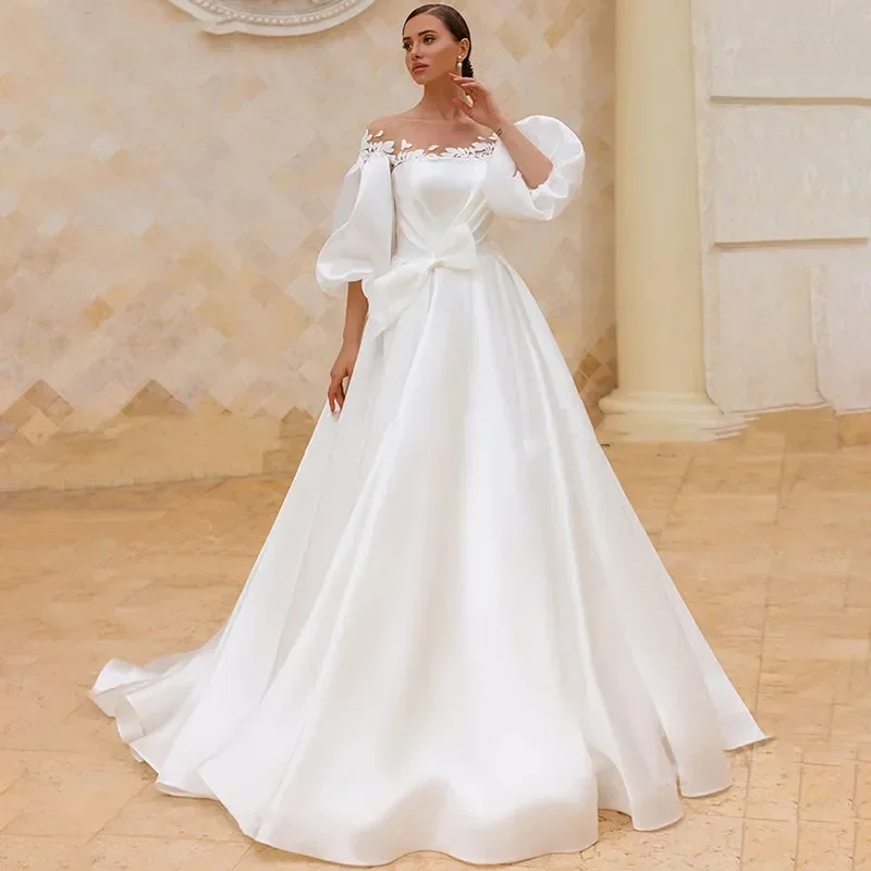 Robe de mariée en satin chic à manches bouffantes, robe de mariée trapèze, col rond, grande taille, princesse de plage, longue robe de mariée, décalcomanie, mode