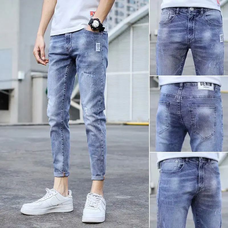 Size 28-34 Men Ripped Jeans Spring Summer Autumn Fashion Casual Hole Slim Fit Skinny Stretch Long Denim Pants Blue