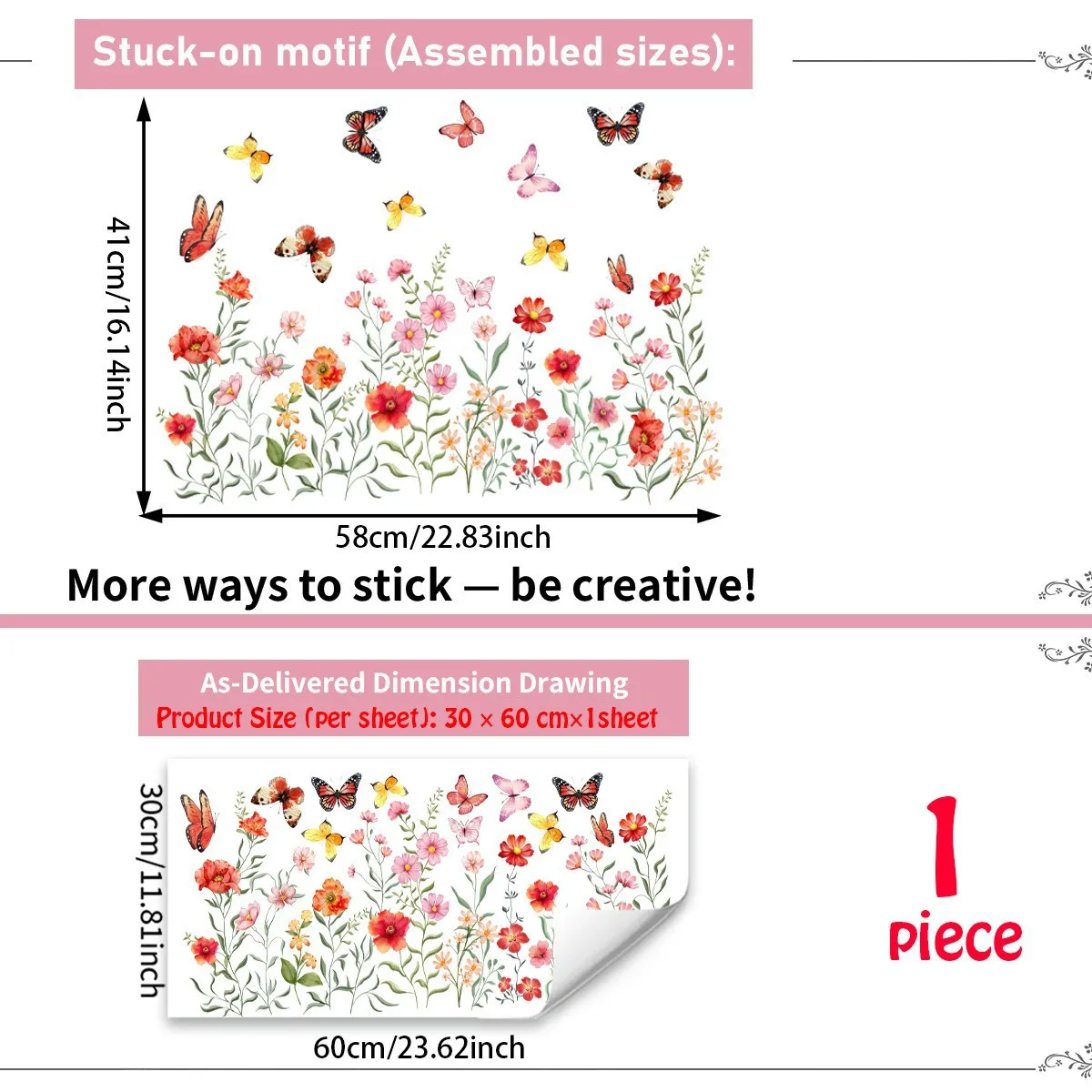 Floral Wall Decal Red Wildflower Sticker Vibrant Red Motif Natural Lively Design Damage Free Application for static Cling Wall