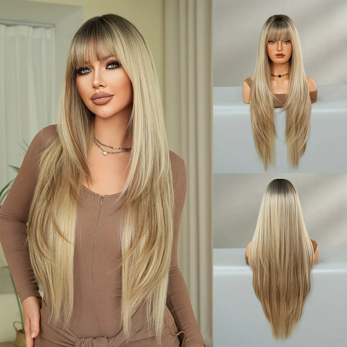 Daily wig, long straight gradual change blond wig, dark roots high level density gradual change beige wig, elegant 34 inches