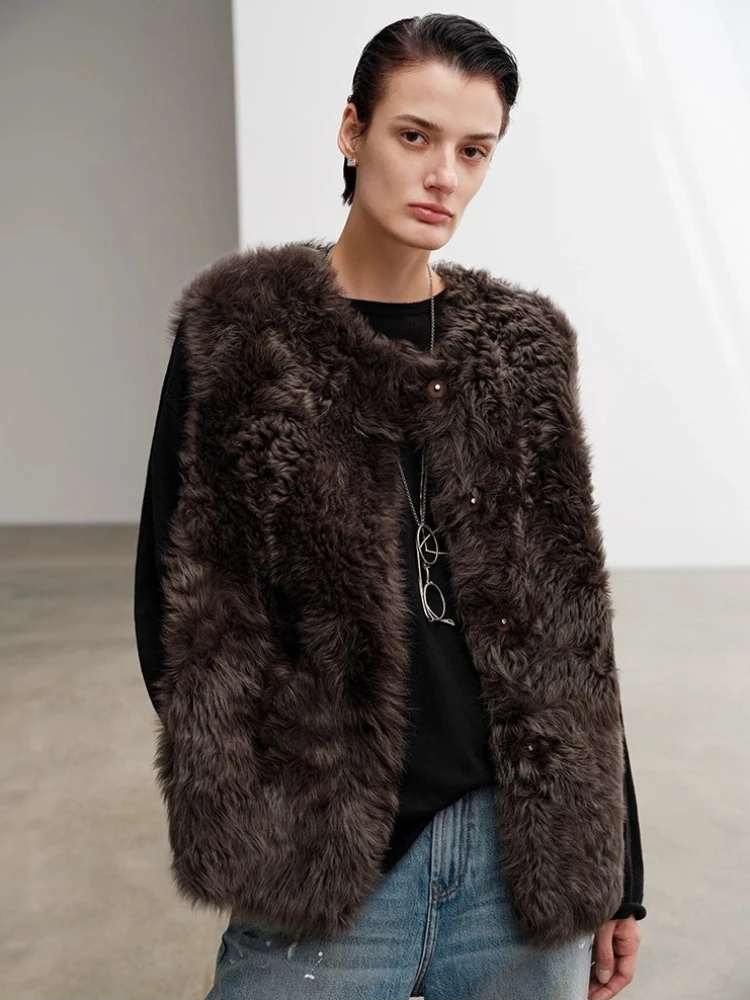 Haut de gamme de luxe Toscana fourrure d'agneau sans manches gilet vestes femmes automne hiver Simple classique court en cuir véritable manteau de fourrure