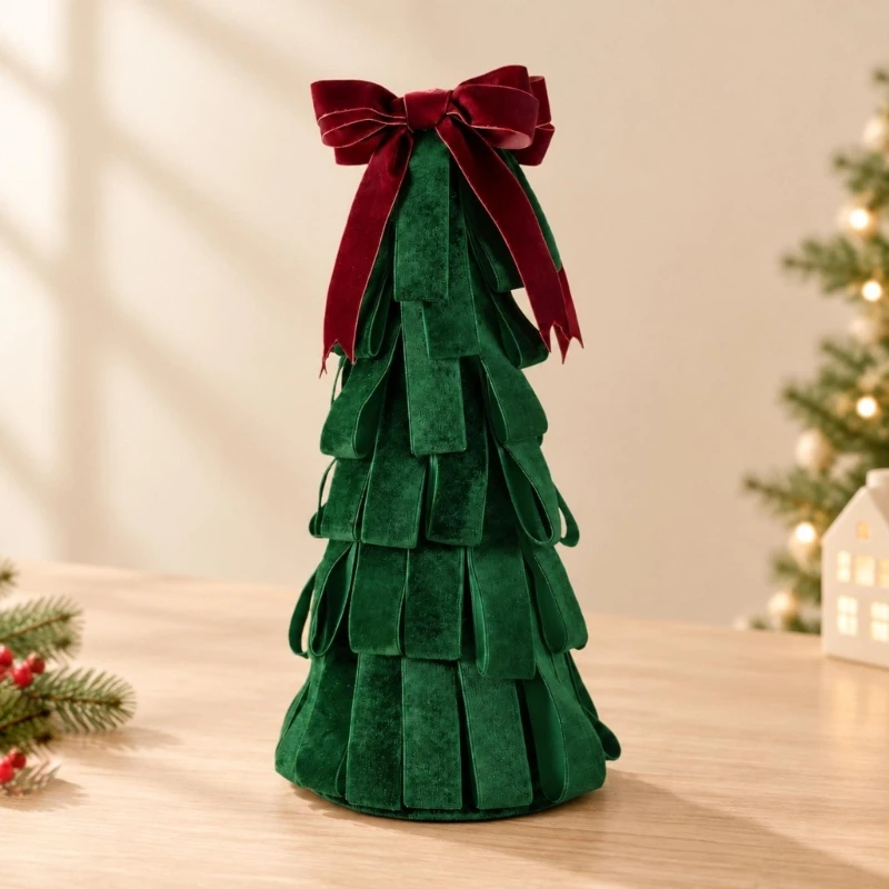階層型リボン-クリスマス-ツリー-アクセント、織り目加工の生地、盛り上がった上部のディテール、屋内用自立型ディスプレイ-フォーム-24bb