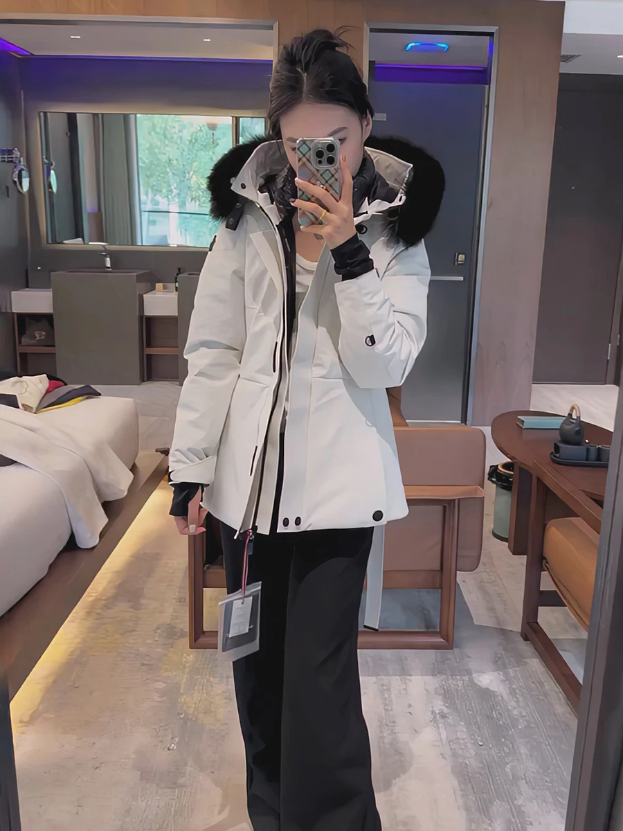 فريد سوبر Sli المرأة أسفل Jaet الشتاء الثلوج التزلج معطف دافئ الخصر مقصوص كبير الفراء طوق فو الفراء معطف مقنع