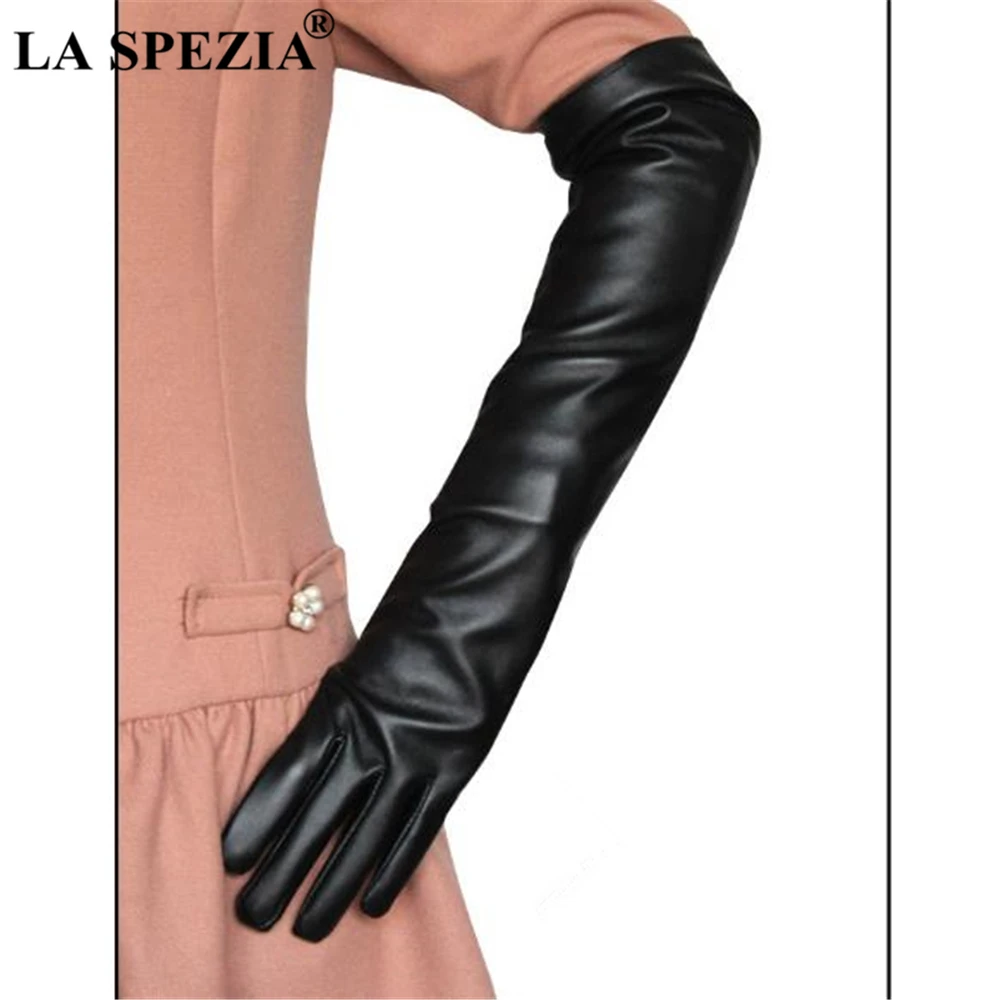 LA SPEZIA-guantes largos de cuero Pu para mujer, color negro, blanco, rojo, café, rosa, moda de otoño e invierno