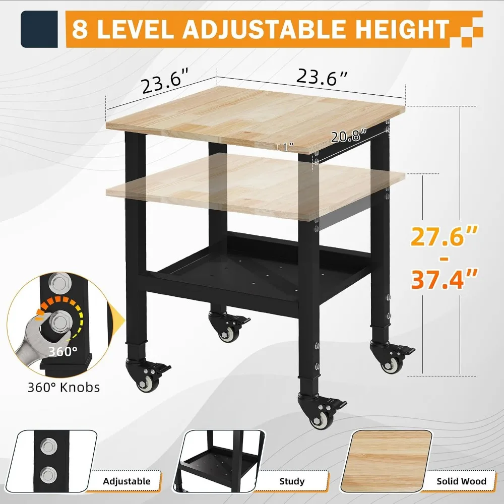 24in Adjustable Heavy Duty Workbench, 1200 LBS Rubber Wood Top Work Table for Garage