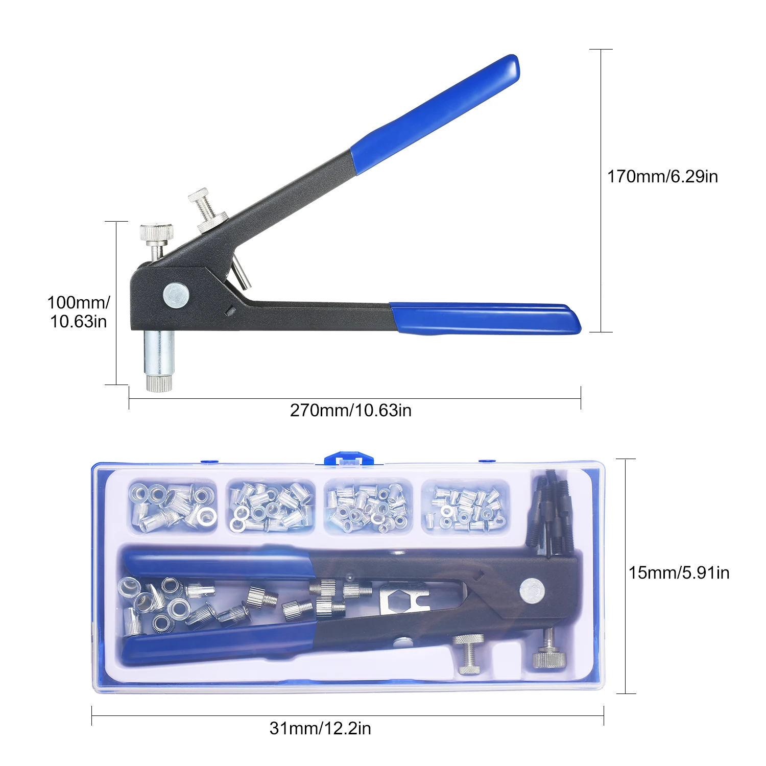 86 pçs kit de ferramentas porca rebite conjunto mão chave rebite ferramenta rosqueada arma porca rebite com porca rebite métrico montagem máquina rebite