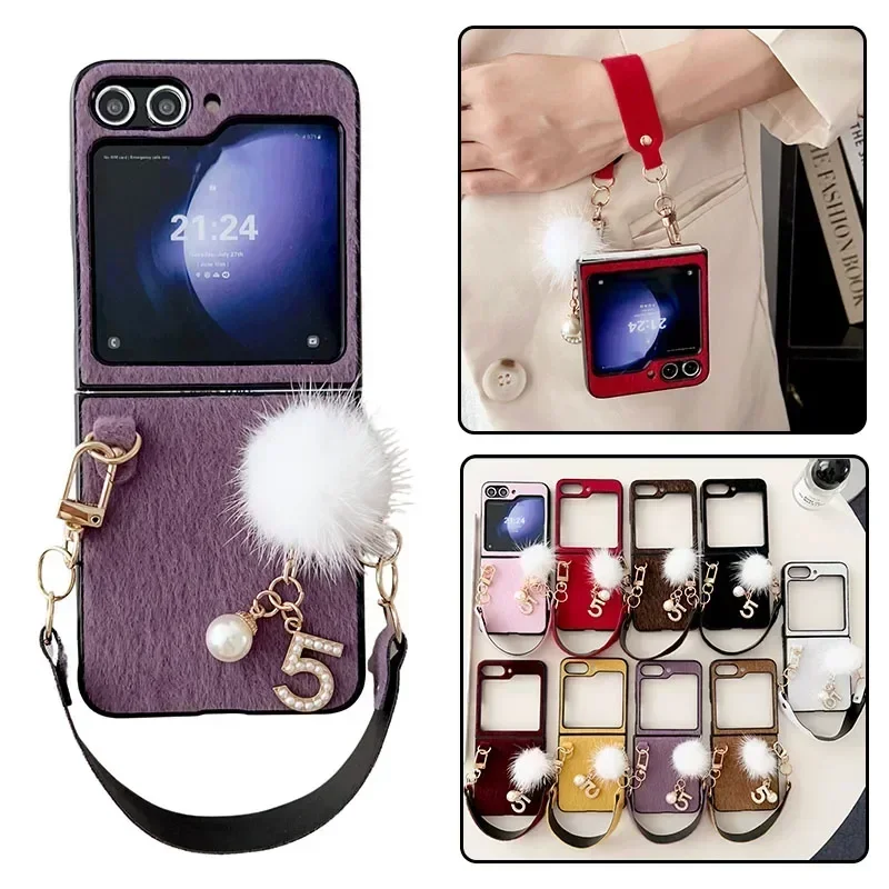 Luxury Plush Wristband Plush Ball Phone Case for Samsung Z Flip 5 Z Flip 4 Shockproof Cover for Galaxy Z Flip 3  Case