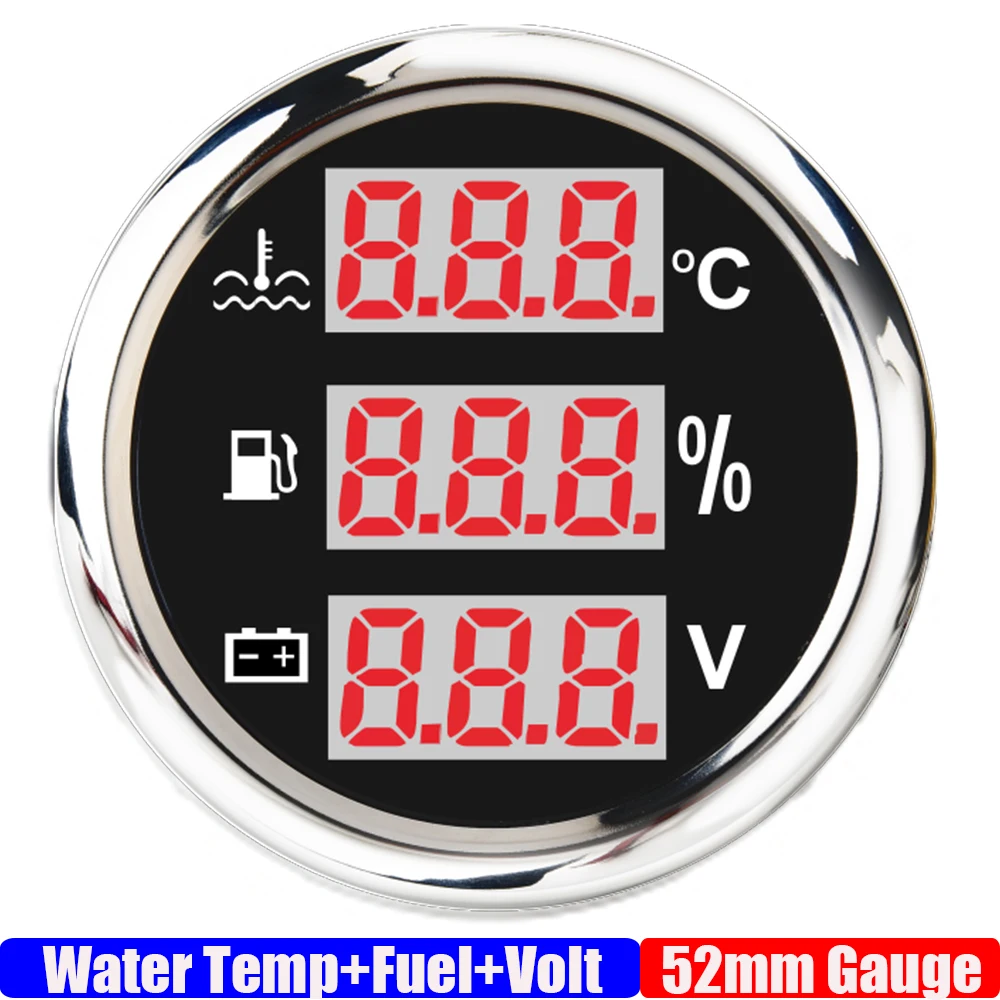 ZMFJH Red Backlight Digital 52MM Gauge 0-120℃ Water Temperature+Fuel Level Gauge+Voltage with Alarm Oil Float Sensor 0-190ohm