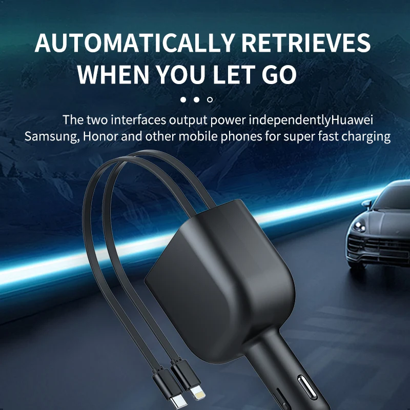New Bluetooth Car Charger Multifunction Charger Type-C Lightning Port With Digital Display With Retractable Cable