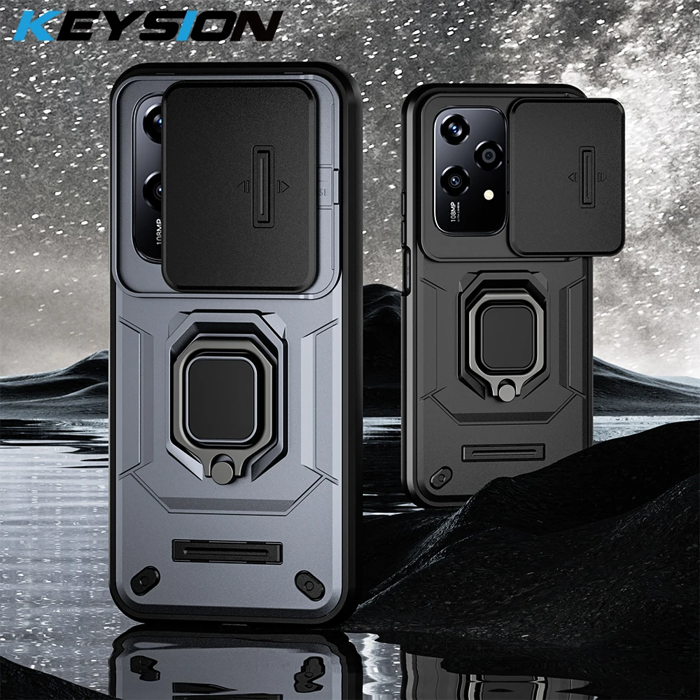 KEYSION Shockproof Case for HONOR 200 Lite 5G Slide Camera Lens Protection Ring Stand Phone Cover for for Huawei Honor 200 Lite