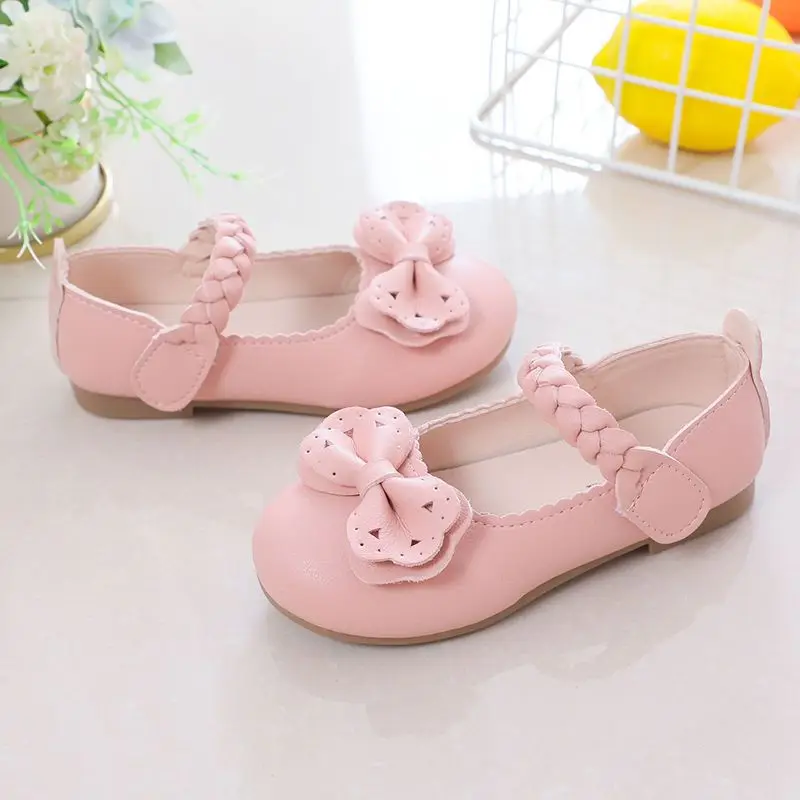 2-10Years Old Kids Leather Shoes Comfortable Soft-soled Bows Little Girls Princess Shoes Pink Beige Casual Children Single Shoes