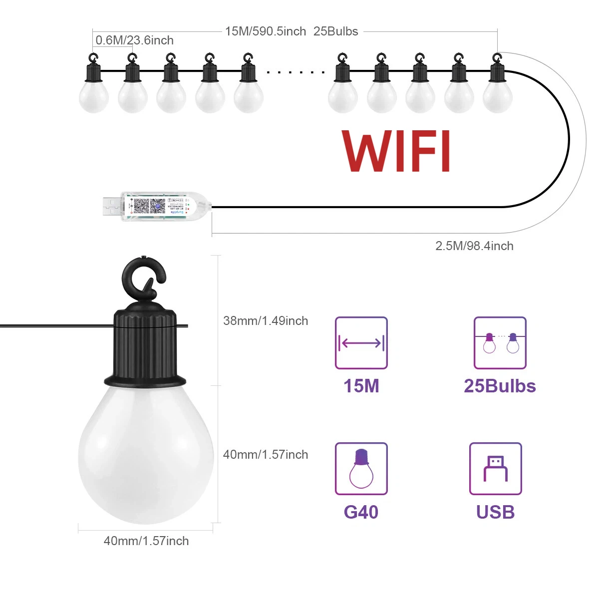 Outdoor waterdichte LED-lichtslinger USB 15M 25 lampen Kerstverlichting Bluetooth LED-slingerlamp Kamer Tuin Camping Kerstdecoratie