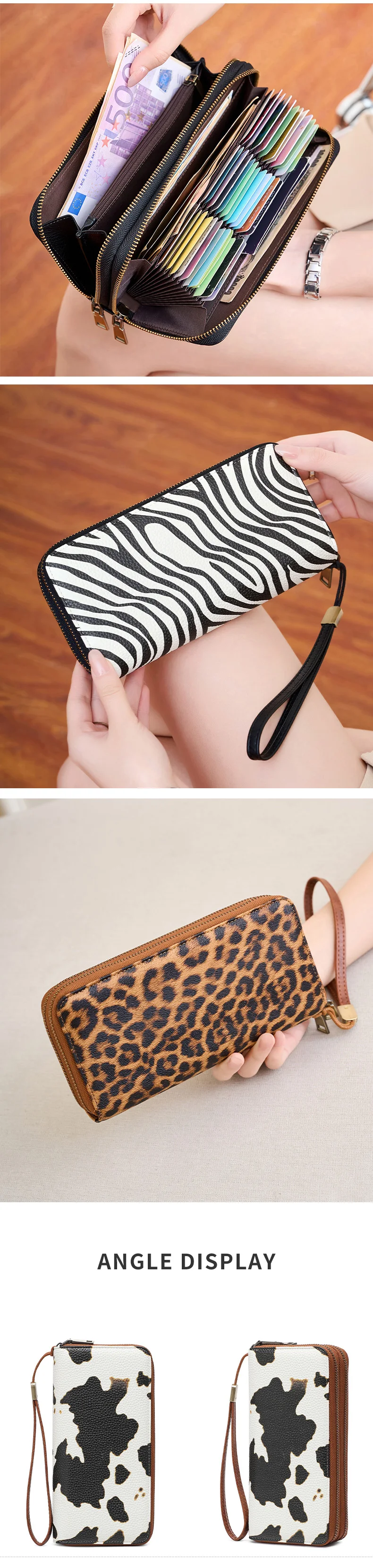 MIYIN Retro RFID-Diebstahlschutz Dreifach-Geldbörse Leopardenmuster Große Kapazität Doppelreißverschluss Handtasche Damen-Clutch mit Handgelenkschlaufe – Detail 9