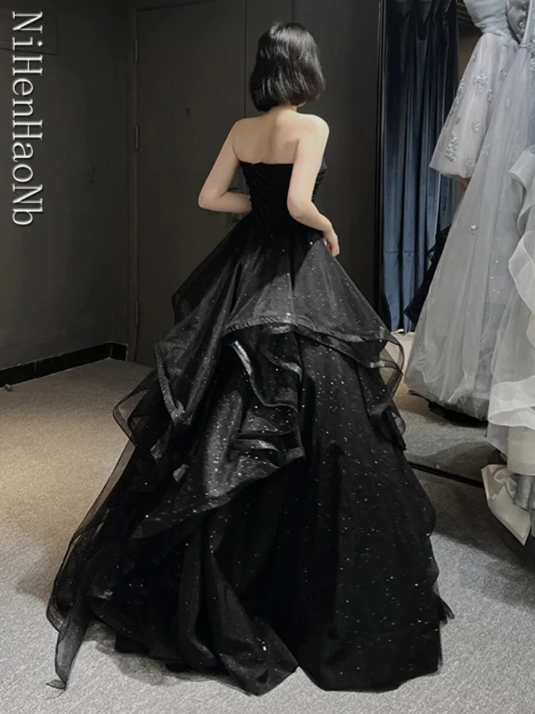 Temperament Black Elegant Wedding Party Dresses Strapless Prom Robe 2023 New Ball Gown Formal Dress Women Vestidos