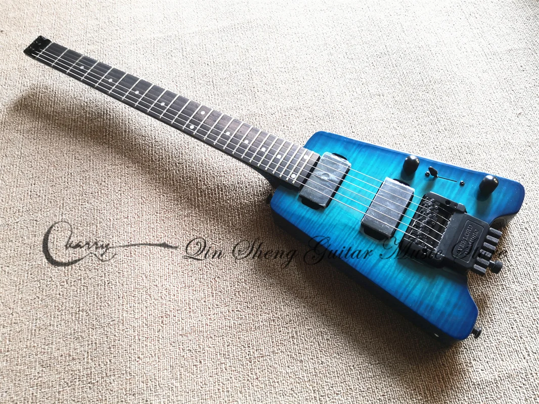 Headless Electric Guitar Stan Metal Blue Guitar Fixed Bridge Maple Neck Mahogany Body Flamed Maple Top HH Pickups