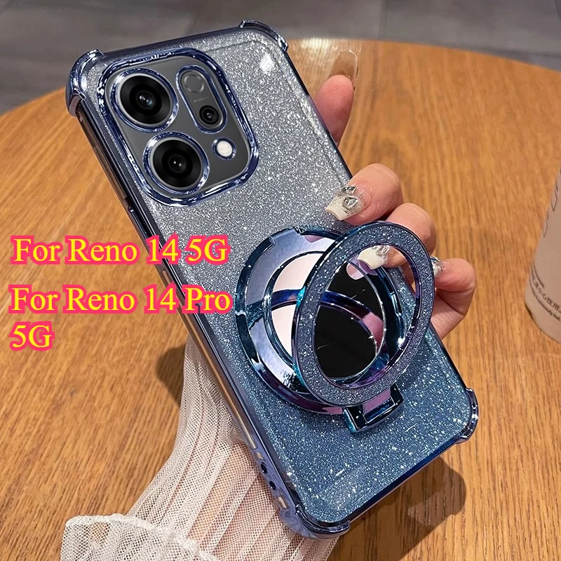 For Reno 14 Pro 5G Magnetic Holder Stand Phone Case for Reno 14pro Cover Reno14 Plating Silicone Shockproof Airbags Bumper