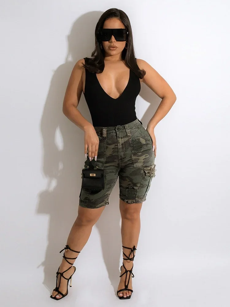 

Женские модные повседневные универсальные брюки с высокой талией и камуфляжным принтом, карманами и карманами премиум-класса из джинсовой ткани, пятиминутные брюки