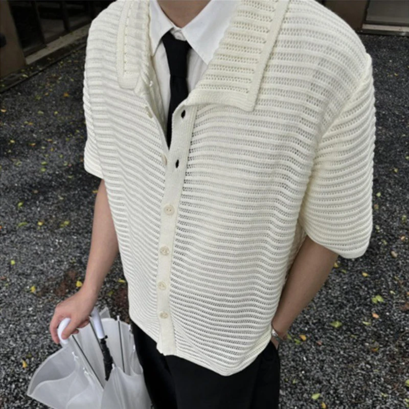 Vintage Y2K Knitted Shirts Men Summer Fashion Solid Color Hollow Out Knit Breathable Shirt Streetwear Mens Short Sleeve Cardigan