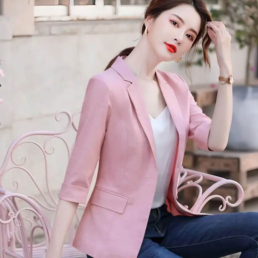 

Notched Coller Women Blazer 2023 New Elegant Solid Color Thin Summer Blazers Lady Office Suit Jackets Coat Slim Lady Tops A127